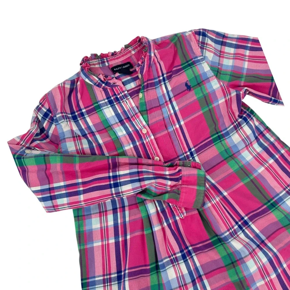 Ralph Lauren Girls Pink Plaid Ruffle Collar Button Down Tunic Shirt Size 16